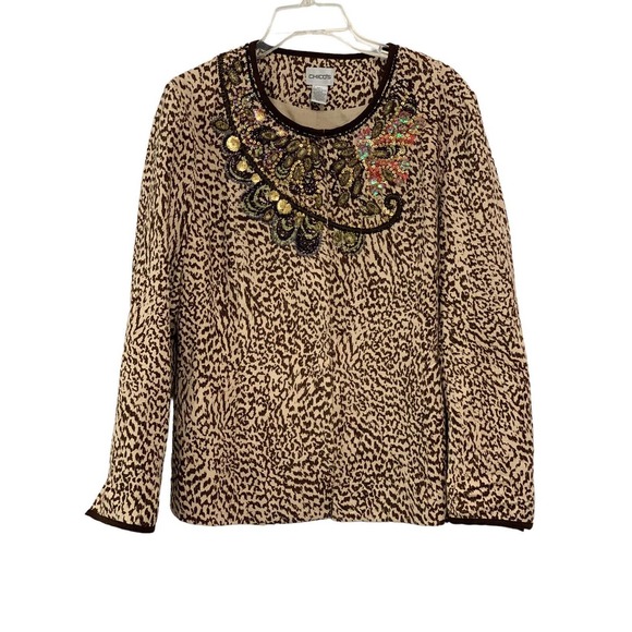 Chico's Women’s Leopard Print Multicolored Sequins Tan Brown Jacket Size 1 - Picture 1 of 12
